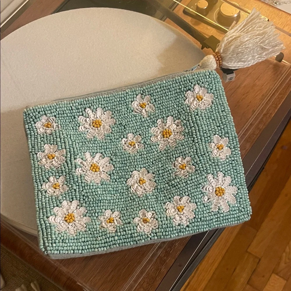 Beaded Denim Daisy Cosmetic Pouch in Mint Green